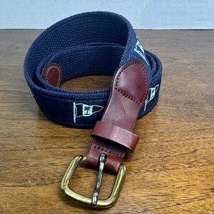 Leather Man Mens Navy Woven Belt w/ Nautical Green & White Flags, sz 40